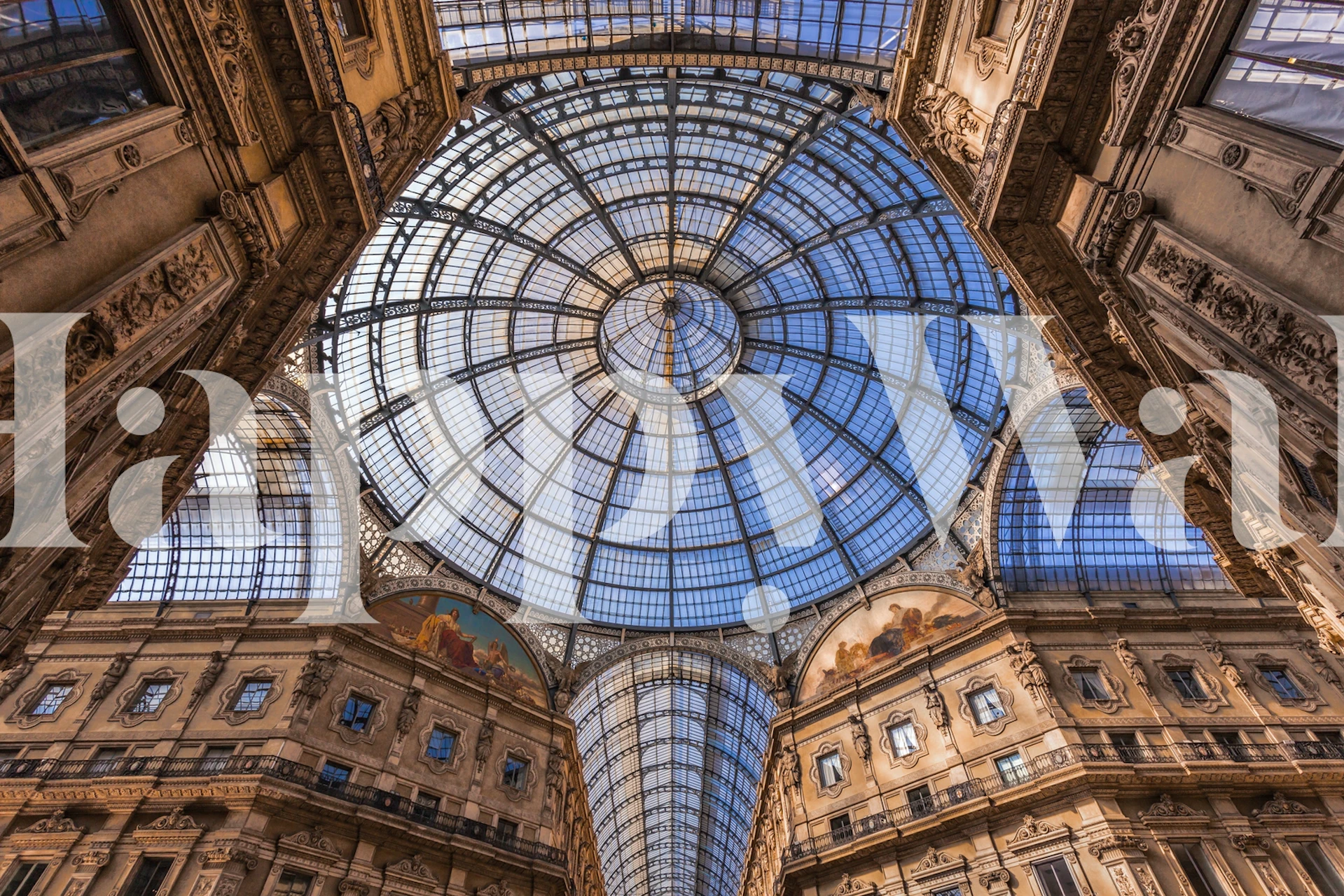 Architectural dome ceiling mural in shades of blue and beige, enhancing room decor with a majestic touch.