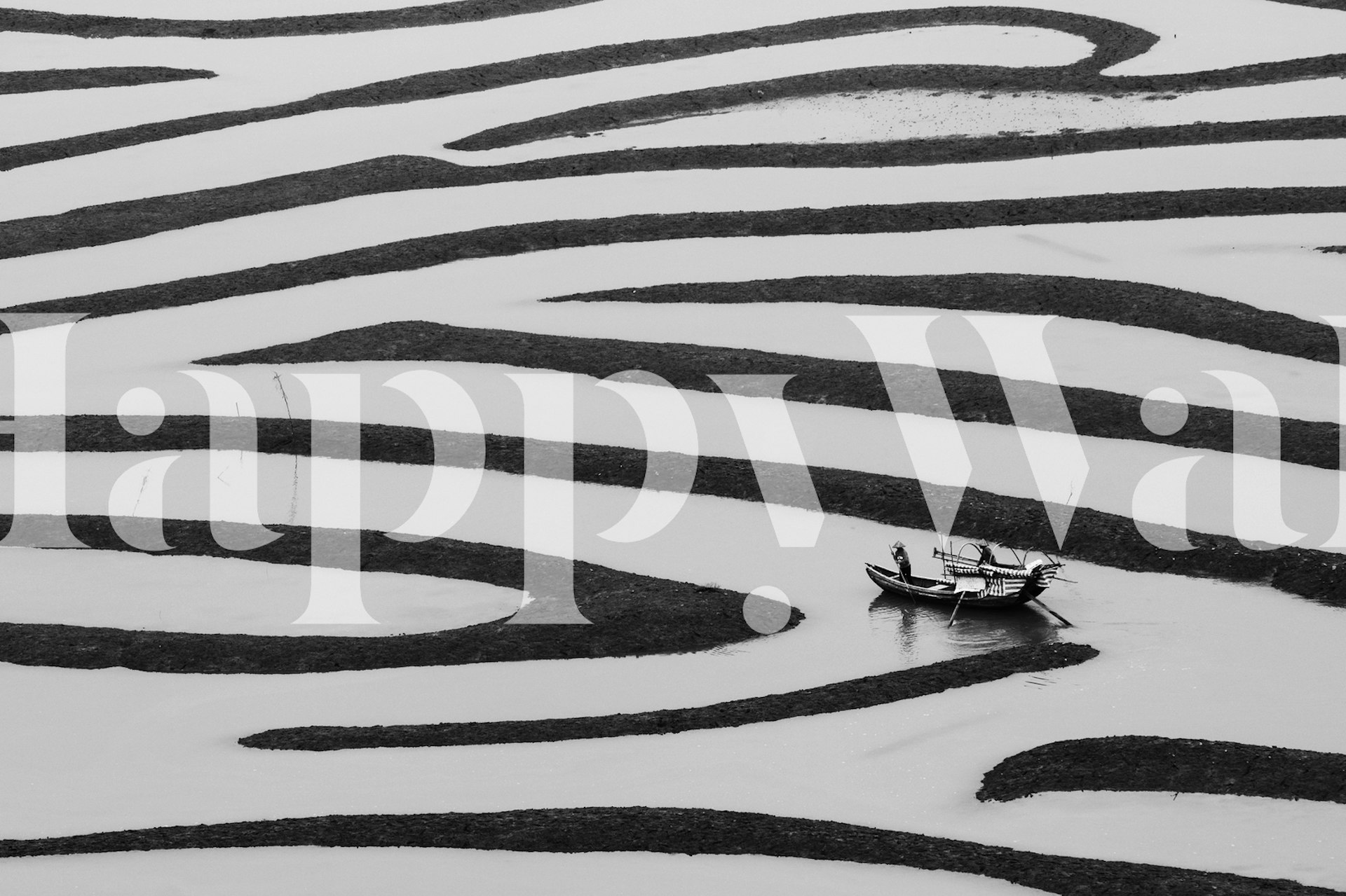 Tapetdesign med naturlige kurver og en båt.