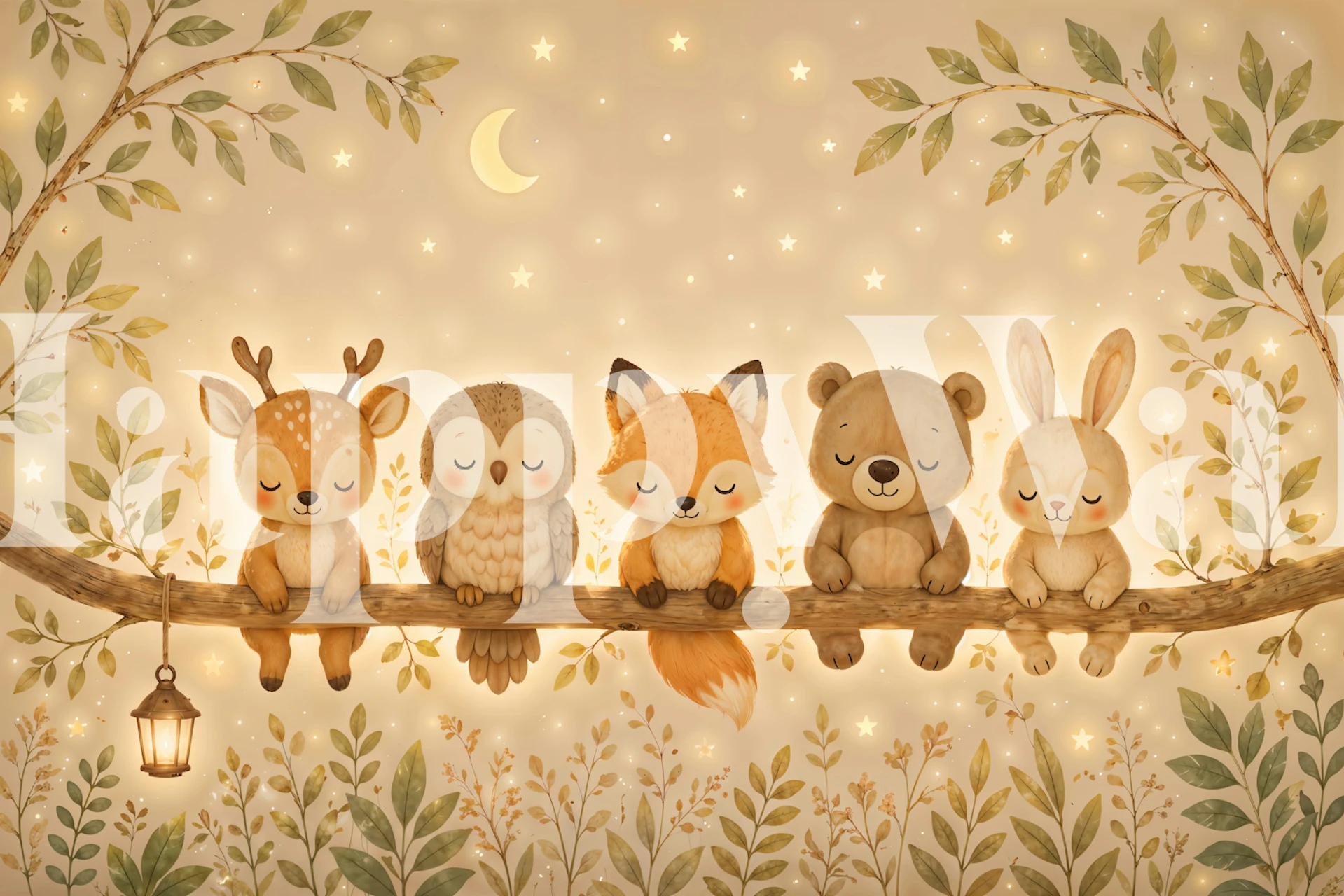 Beige woodland animals wallpaper in nursery room