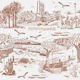 Sepia coastal village shoreline scene