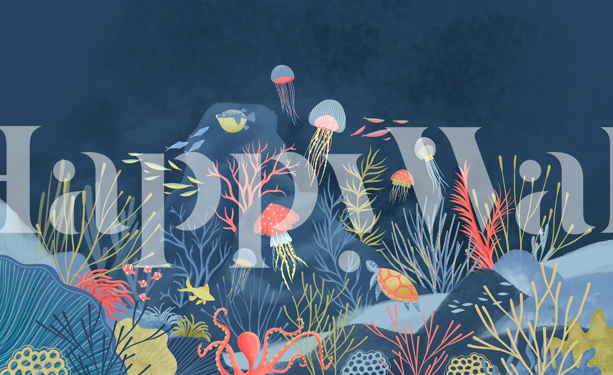 Navy blue sea life wallpaper in a bedroom