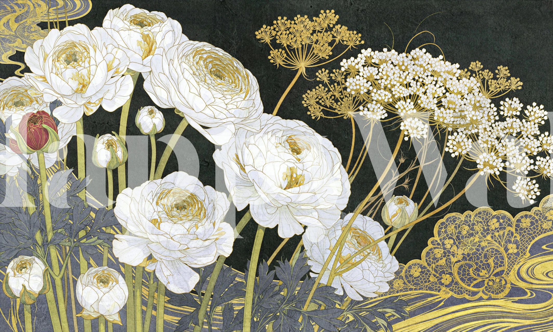 Gold ranunculus wallpaper in a dark room