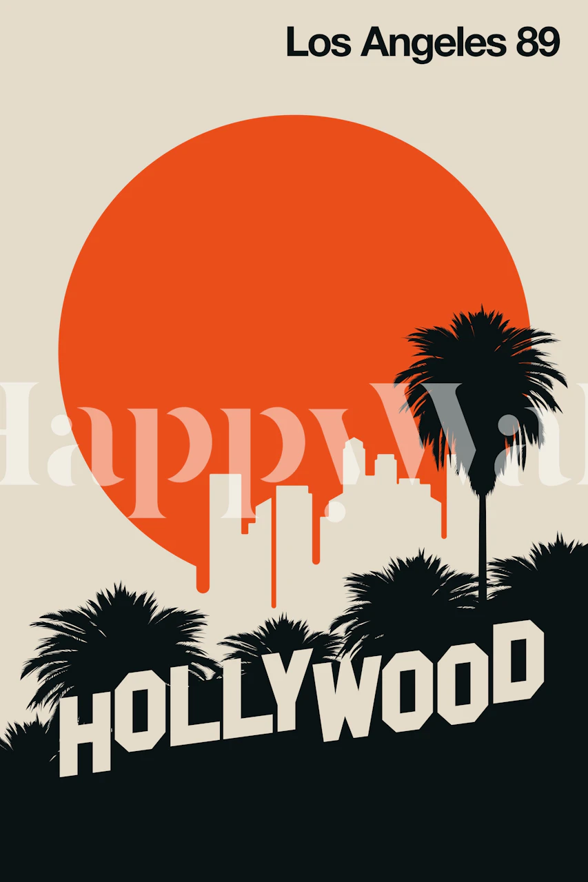Los Angeles 89 wall mural with sunset, palm trees, and Hollywood silhouette