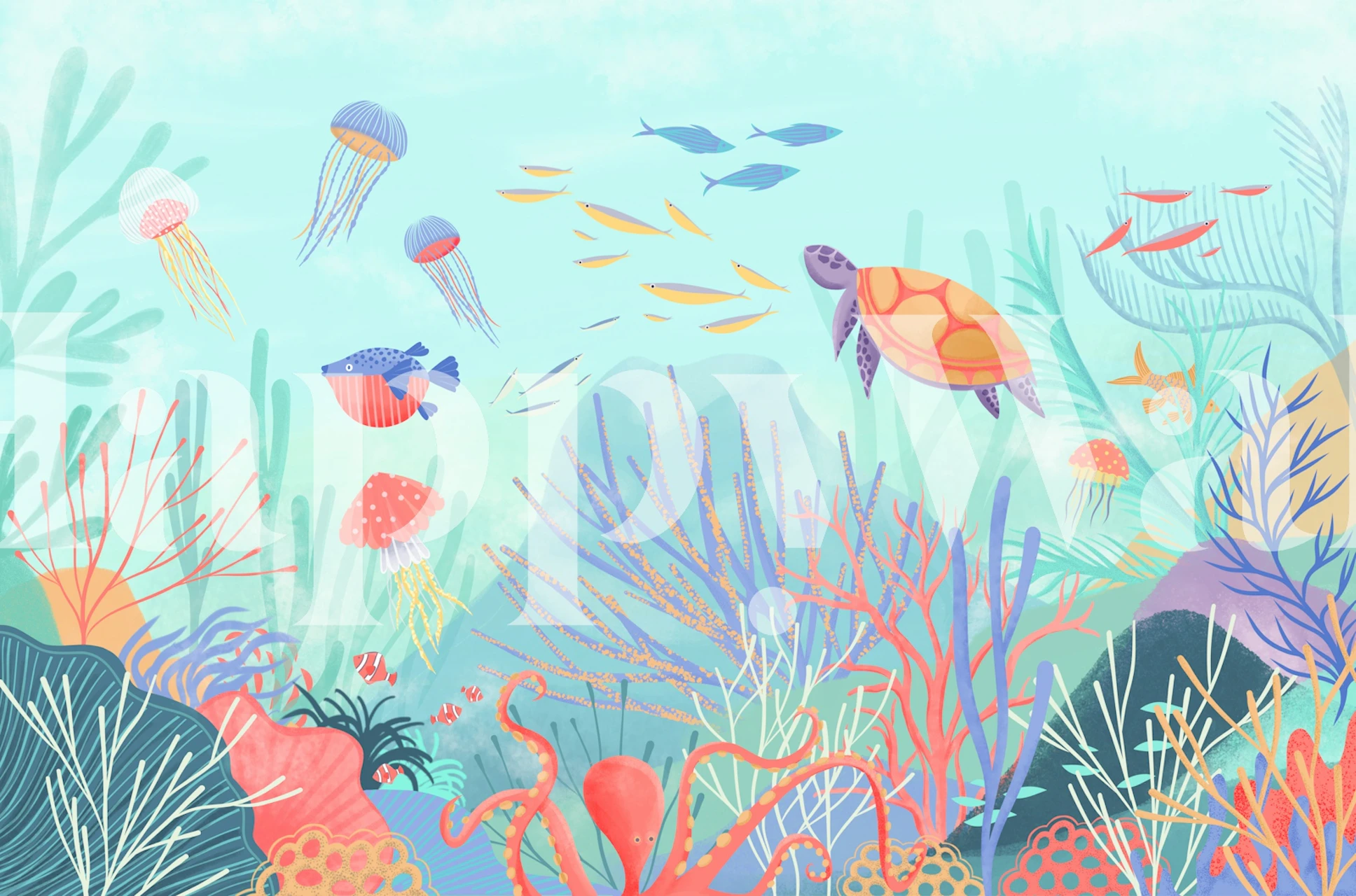 Aqua ocean animals wallpaper in a kids room