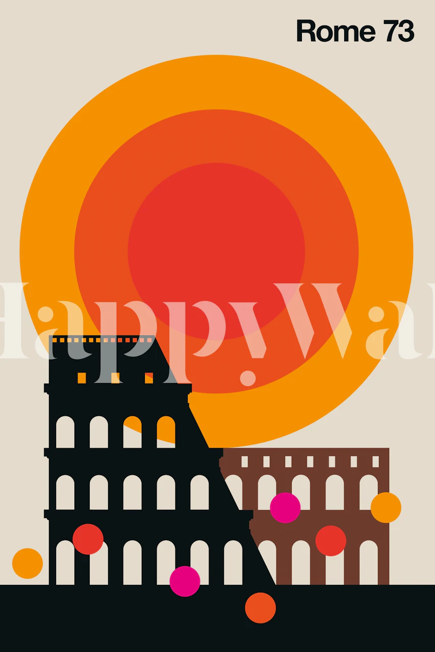 Artistic illustration of the Colosseum in Rome with a geometric sunset