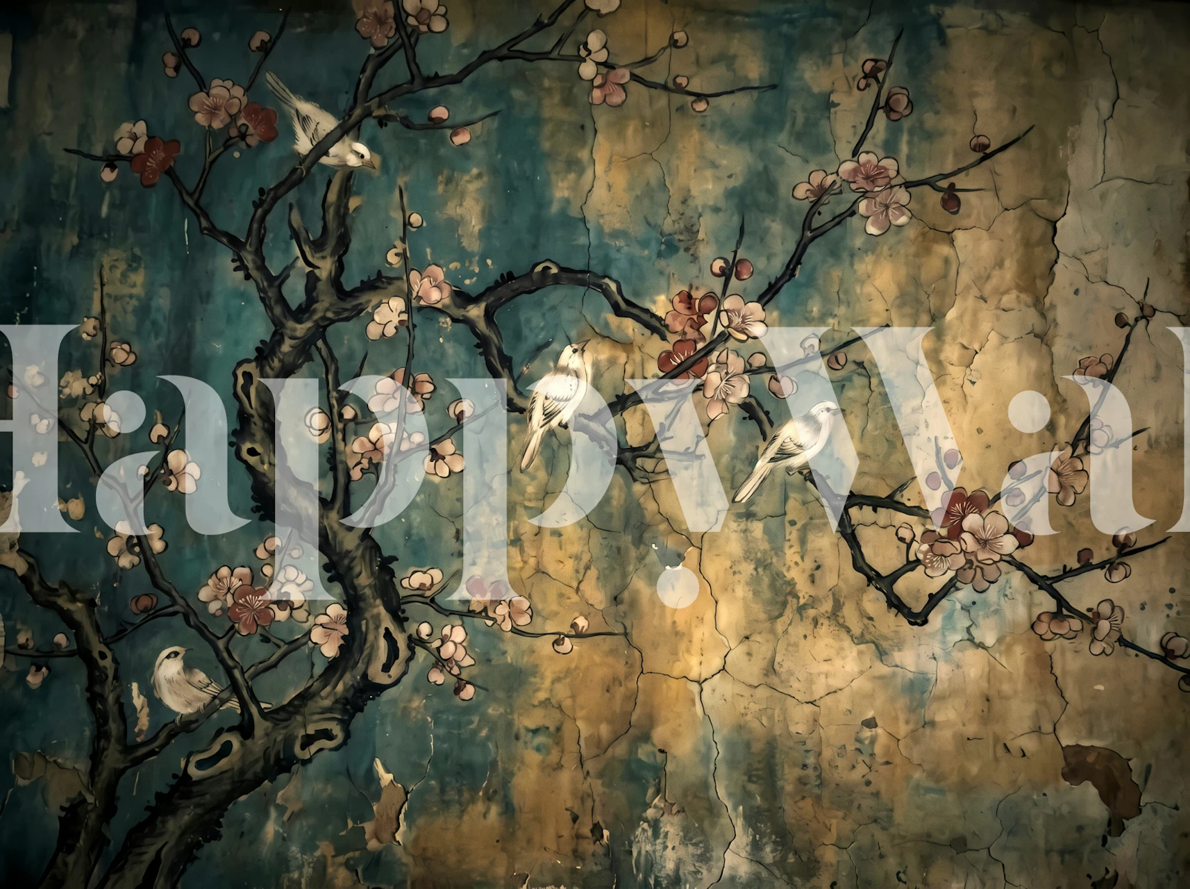 Teal blossom and birds wallpaper in a room