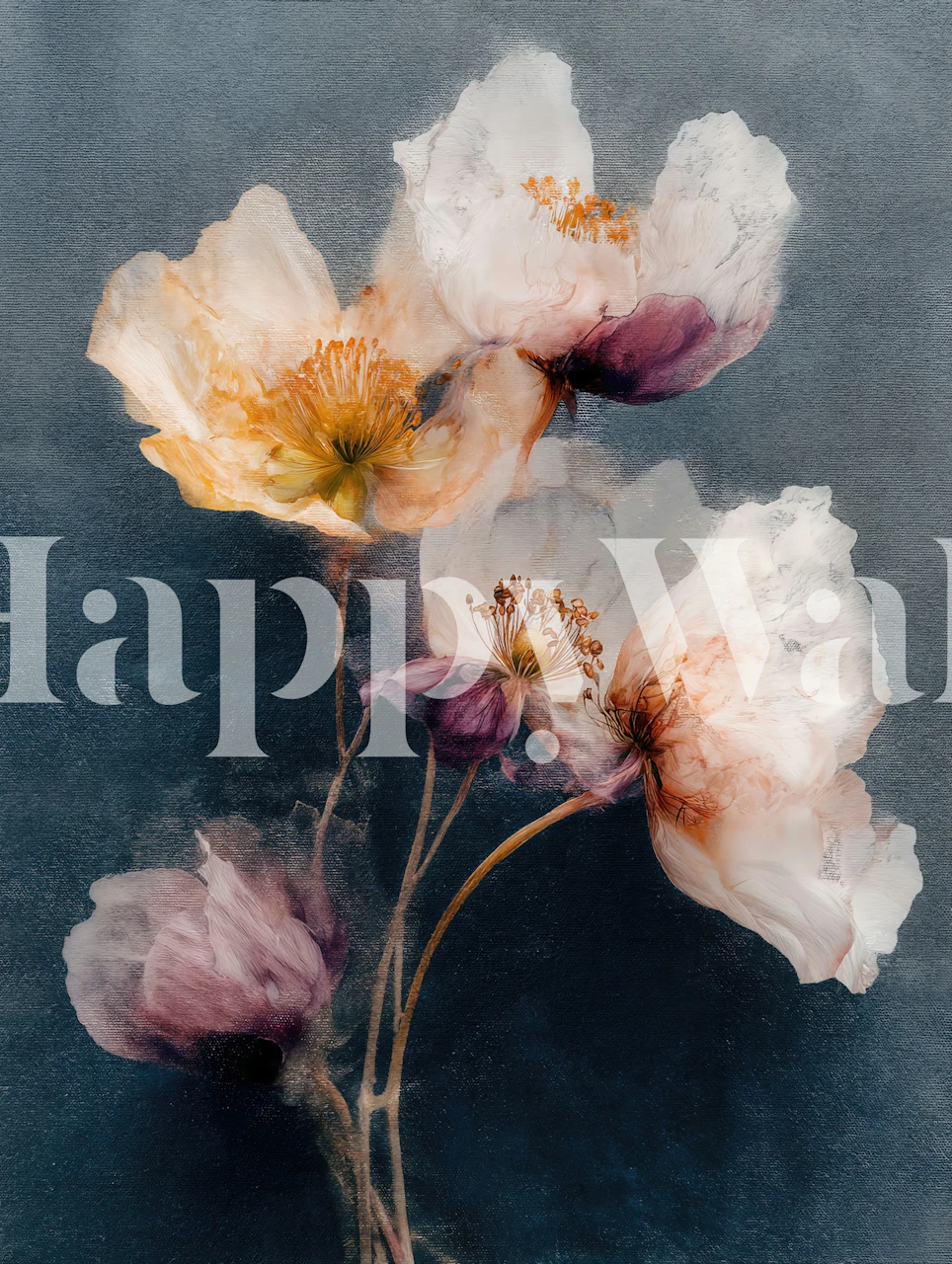 Ivory poppy wallpaper in a dark blue room