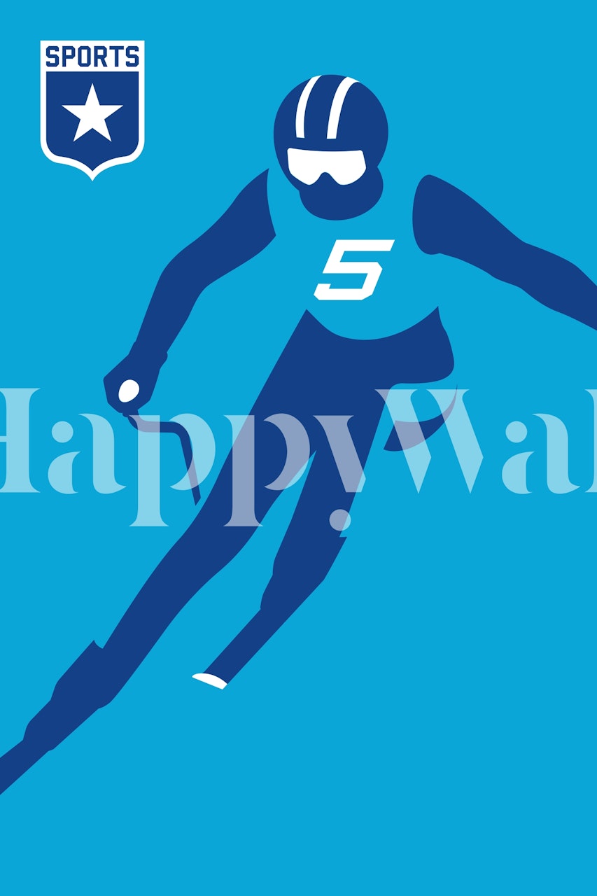 Το τοιχογραφία Downhill Skier με έναν στιλιζαρισμένο σκιέρ σε δράση σε μπλε φόντο