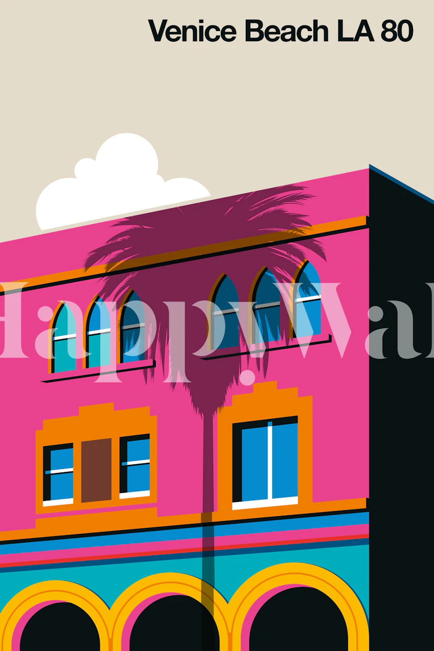 Colorful tropical palm tree and building design wallpaper