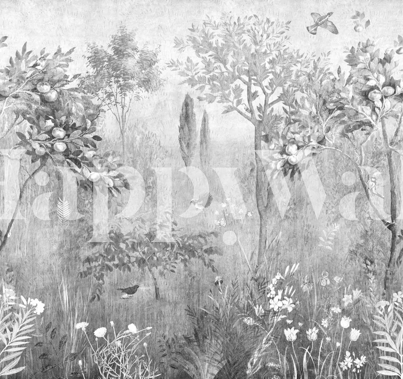 Light gray garden mural wallpaper in room