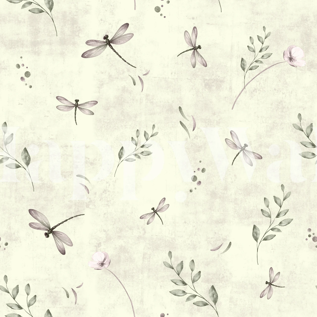 Sage green dragonfly wallpaper in a soft room