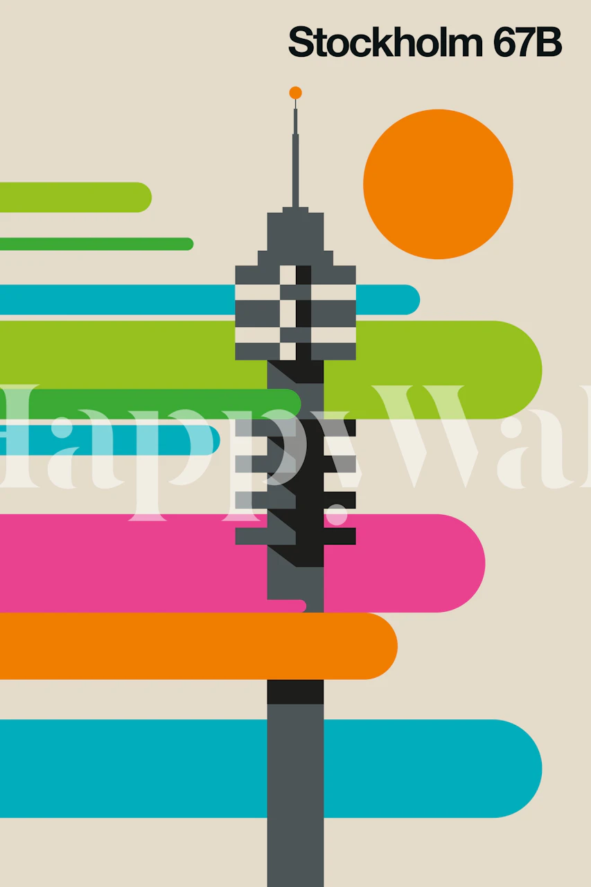 Abstract modern Stockholm skyline wall mural with colorful stripes