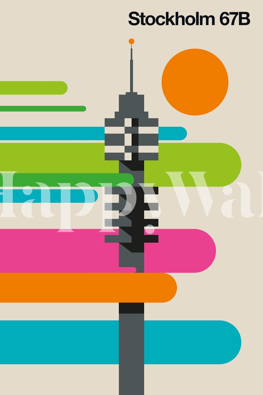 Abstract modern Stockholm skyline wall mural with colorful stripes