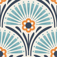 Vintage Floral Scallop in Blue Orange - L wallpaper