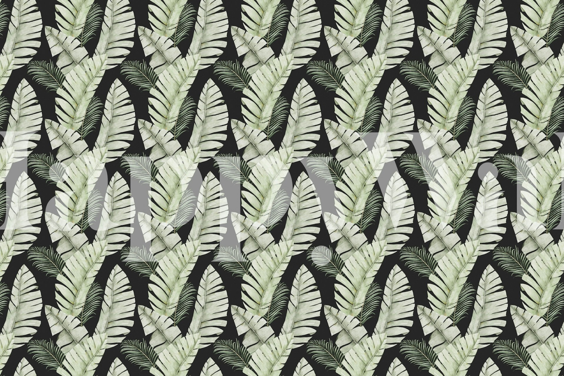 Black banana leaf pattern on a green and black wallpaper