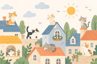 Cat Rooftops Village Scene wallpaper