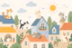 Cat Rooftops Village Scene