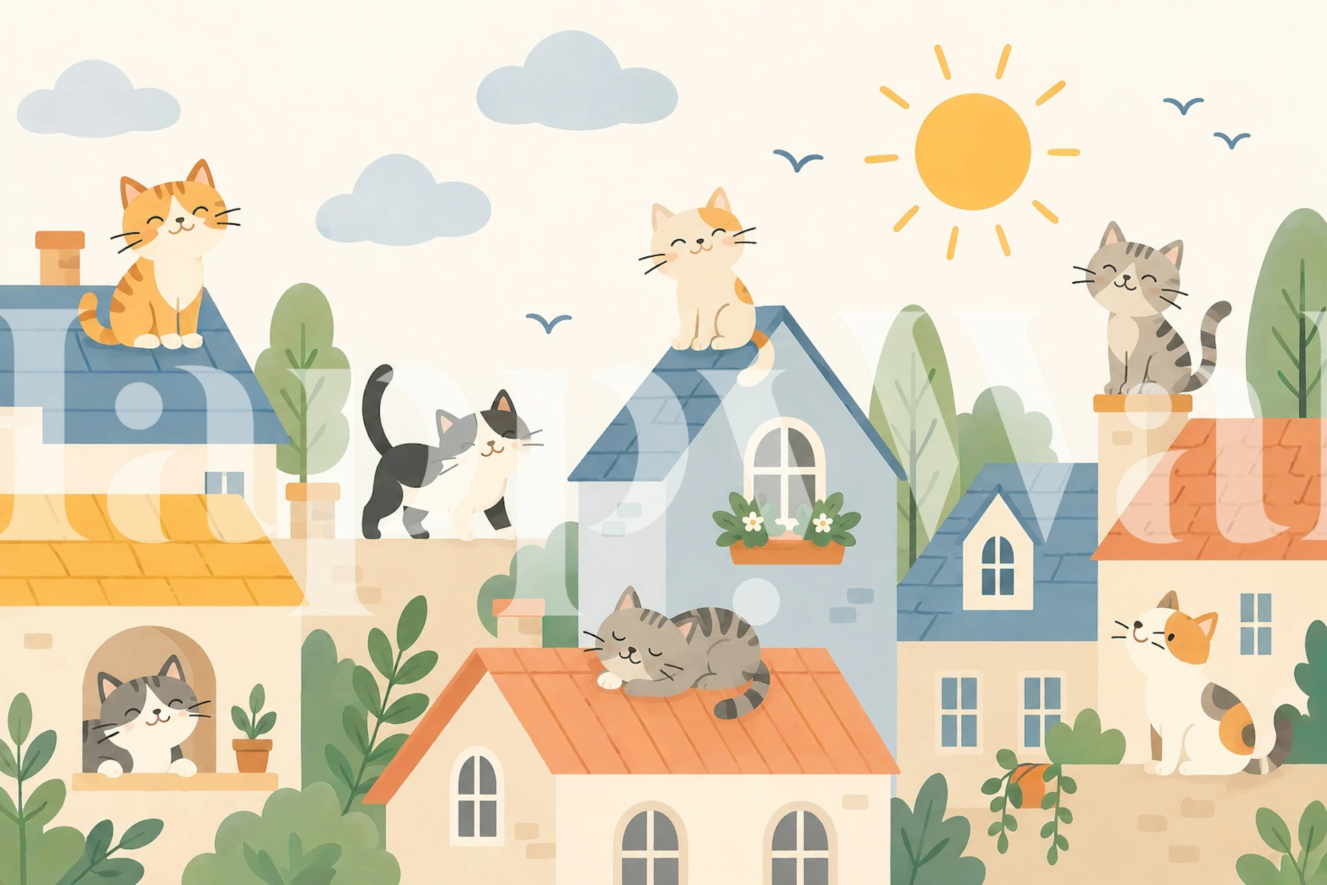 Cat wallpaper in a pastel village room setting (10/10)