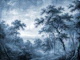 Steel blue misty forest trees