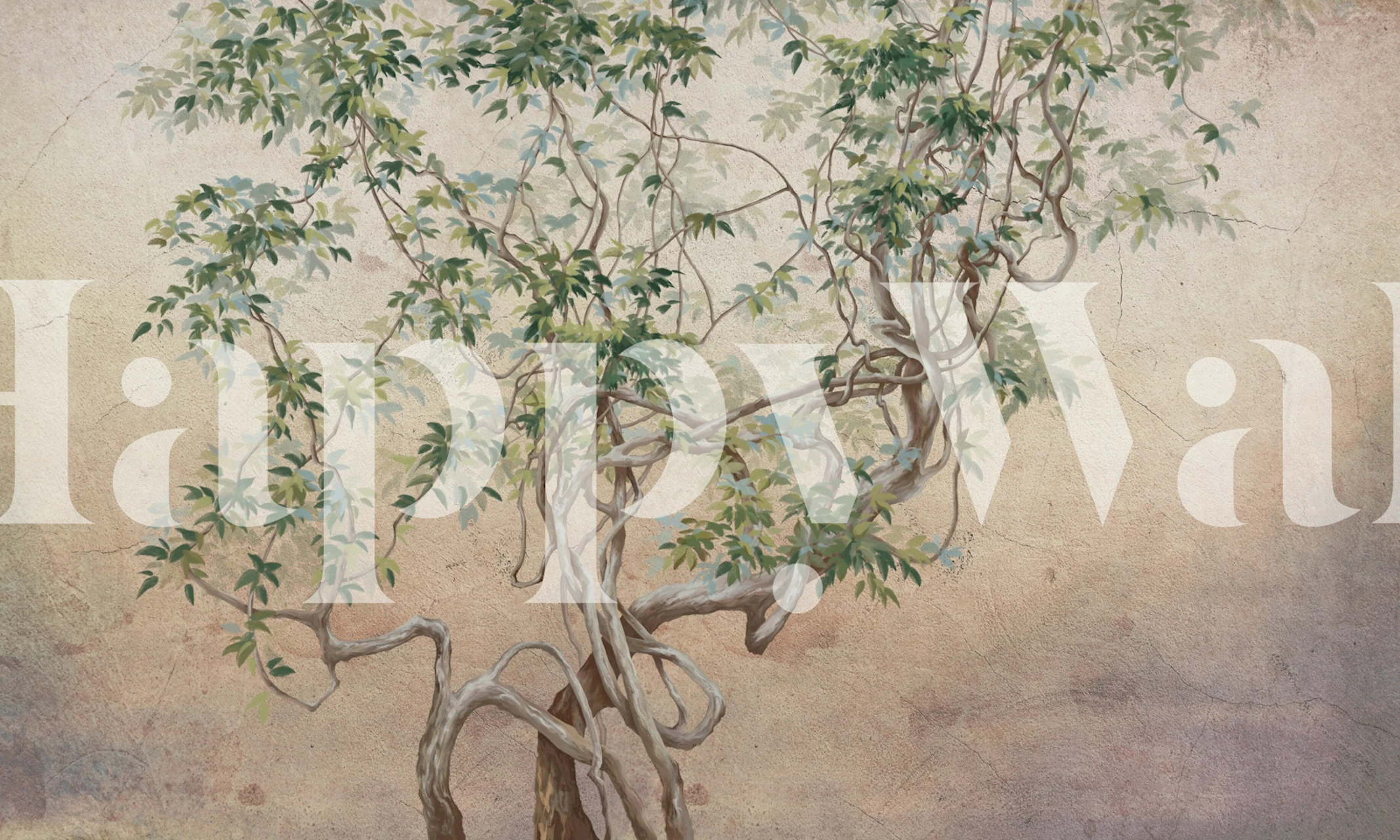 Tree branch wallpaper mural in a beige room (9/9)