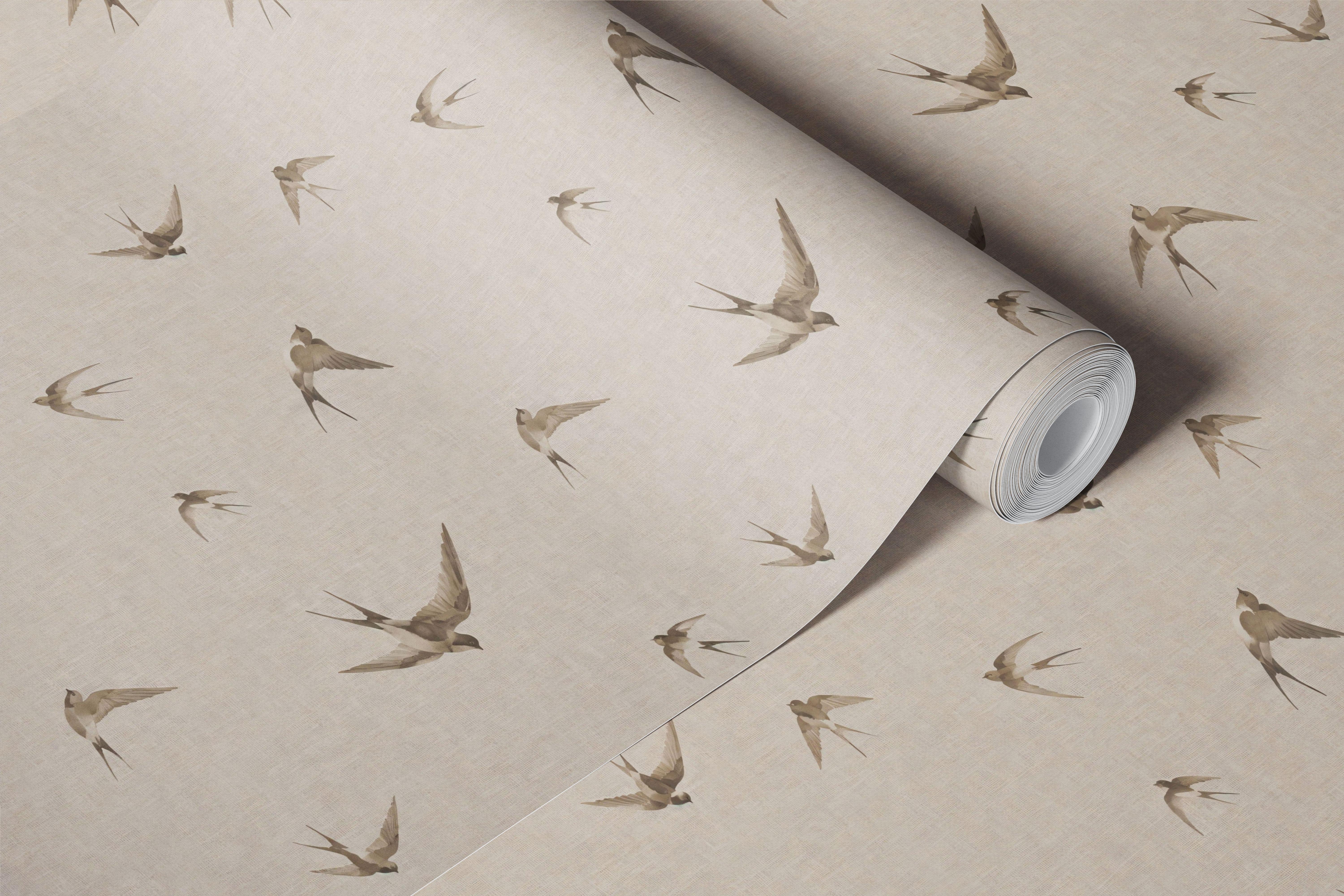 Warm beige swallow bird wallpaper in room (5/9)