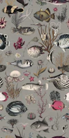 Oceania pattern in Grey Fuchsia Olive wallpaper