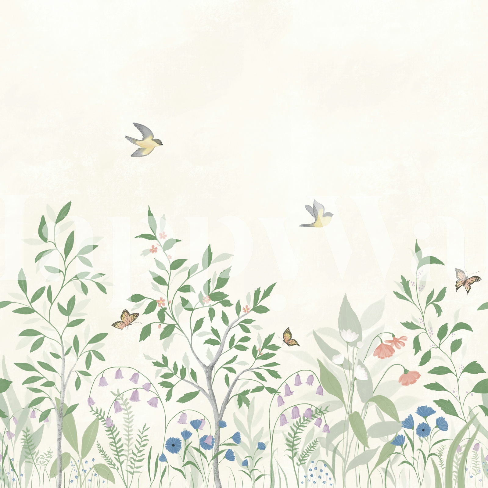 Ivory wildflower bird wallpaper in a soft room (6/6)