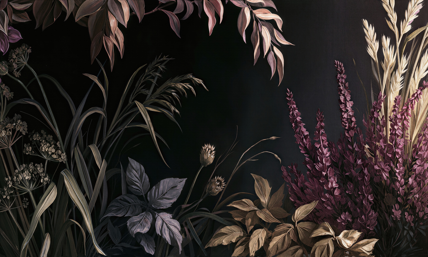 Czarna tapeta botaniczna z malwowymi kwiatami