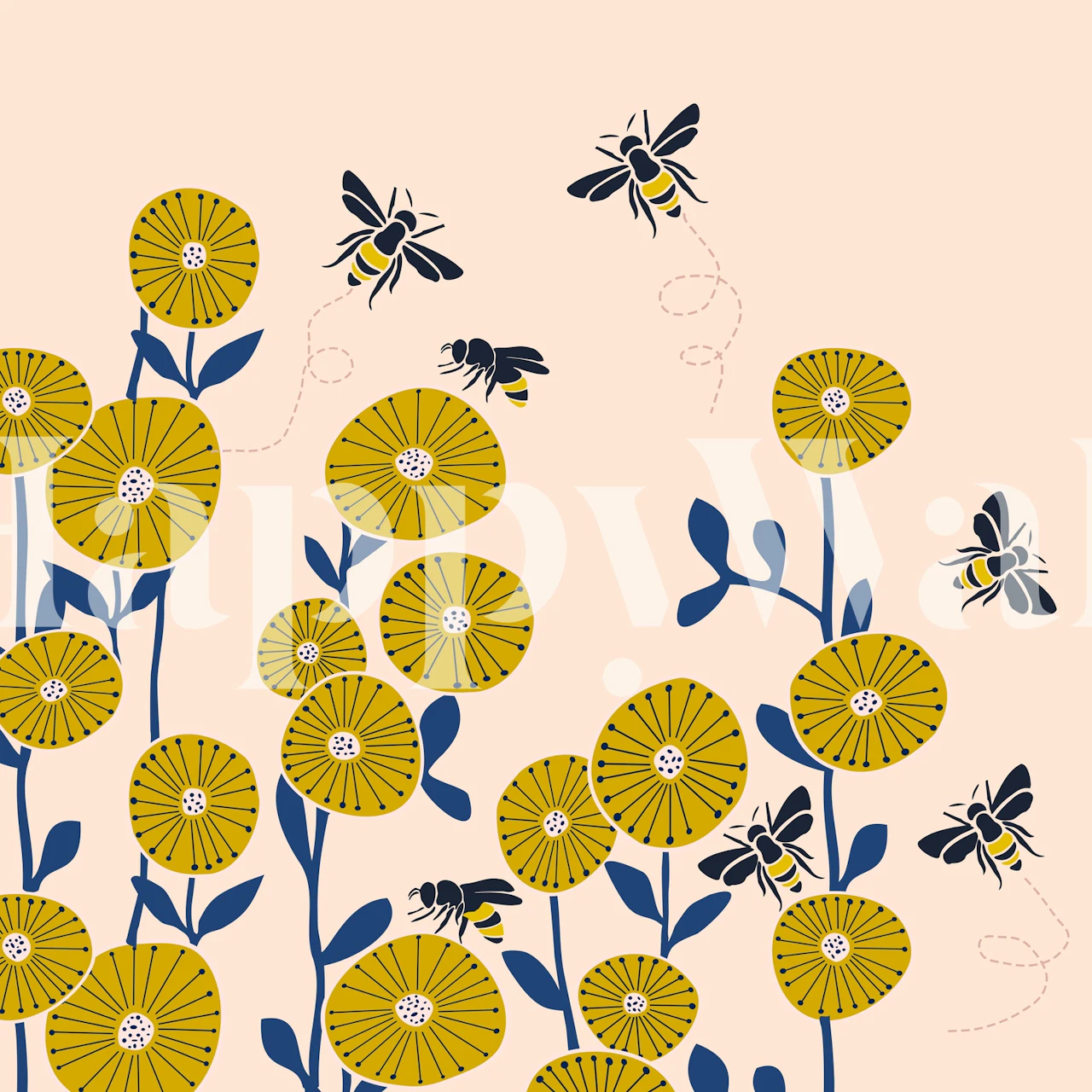 Yellow flowers with navy leaves and bees wallpaper