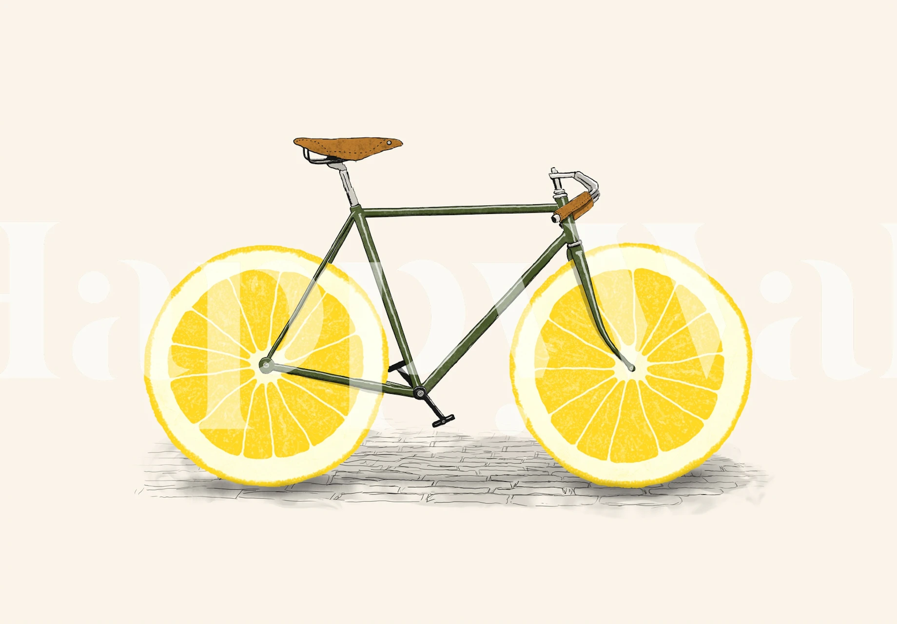 Illustration of a bicycle with lemon wheels on light background wallpaper