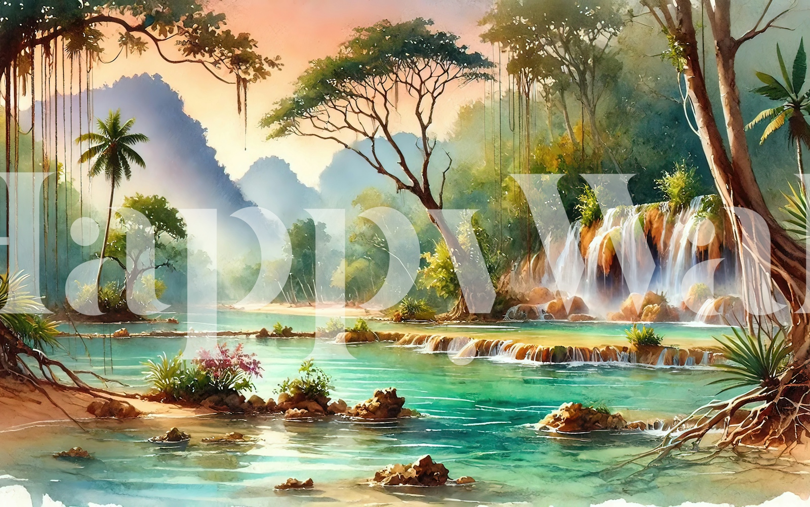 Tropical Waterfall and Turquoise Pools papel de parede - Happywall