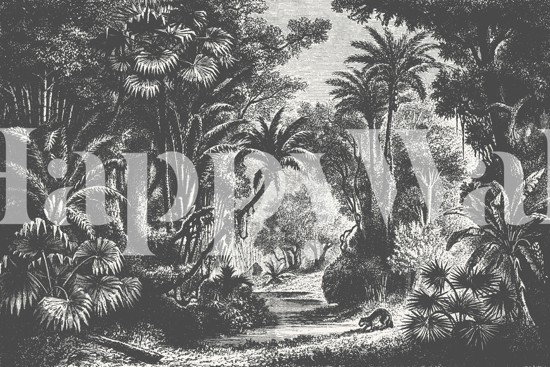 Jungle scene with palm trees and river, black and white wallpaper