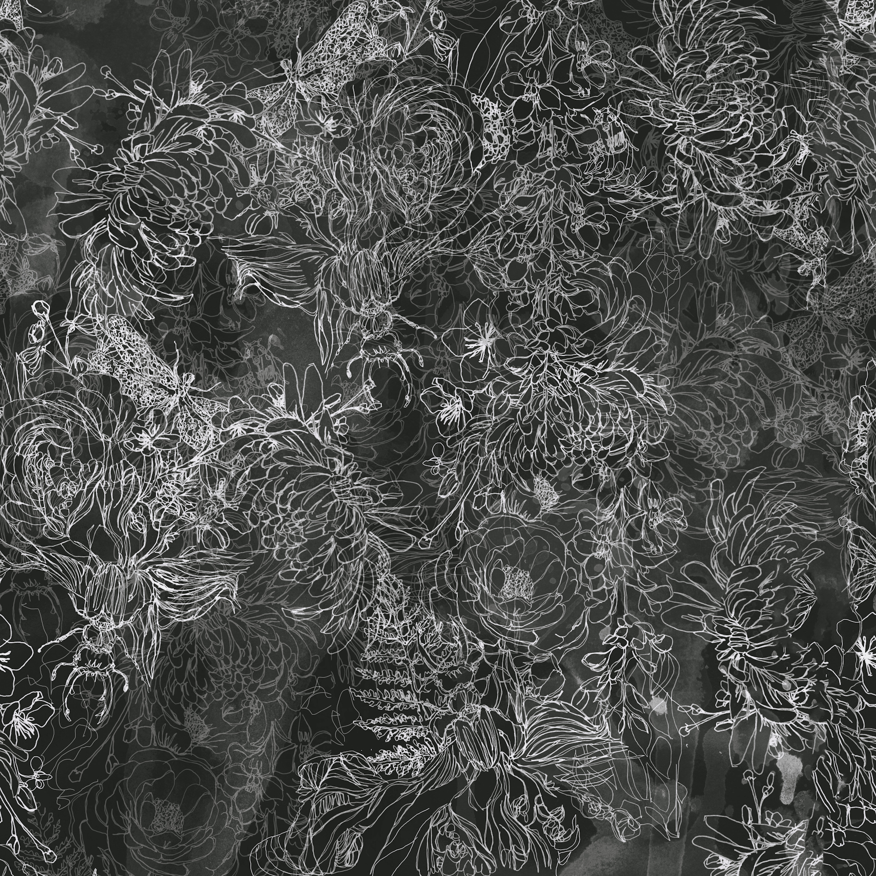 Charcoal Gray Floral Line Art papel de parede - Happywall
