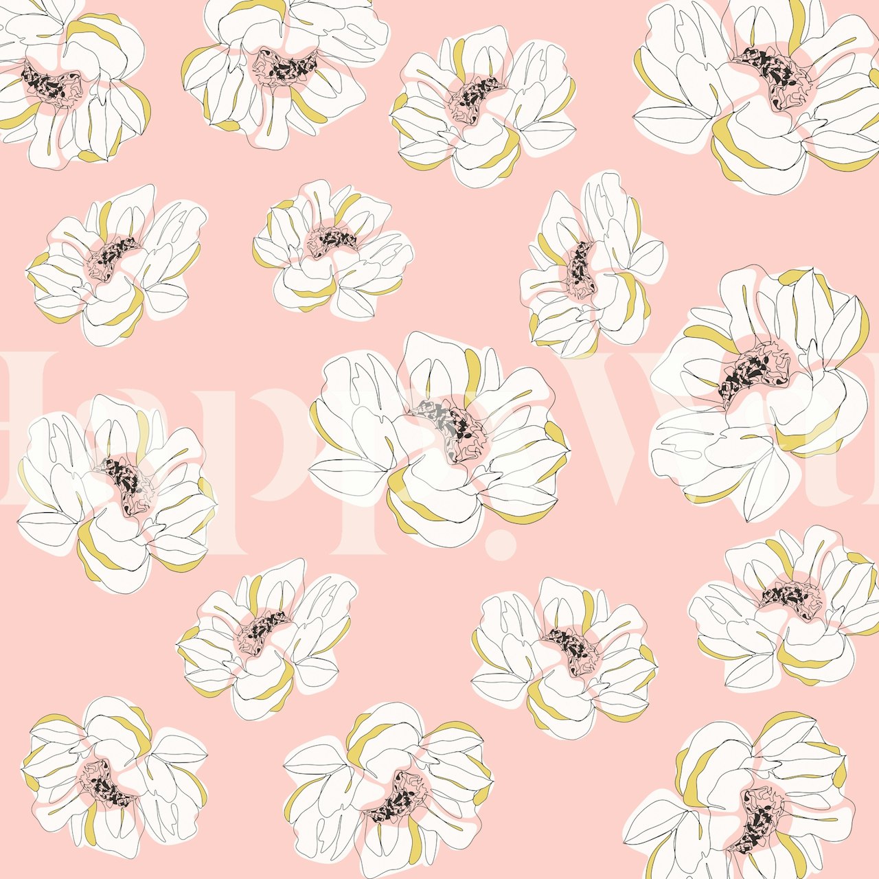Peonies Rose Drawing Pattern tapetti huoneessa
