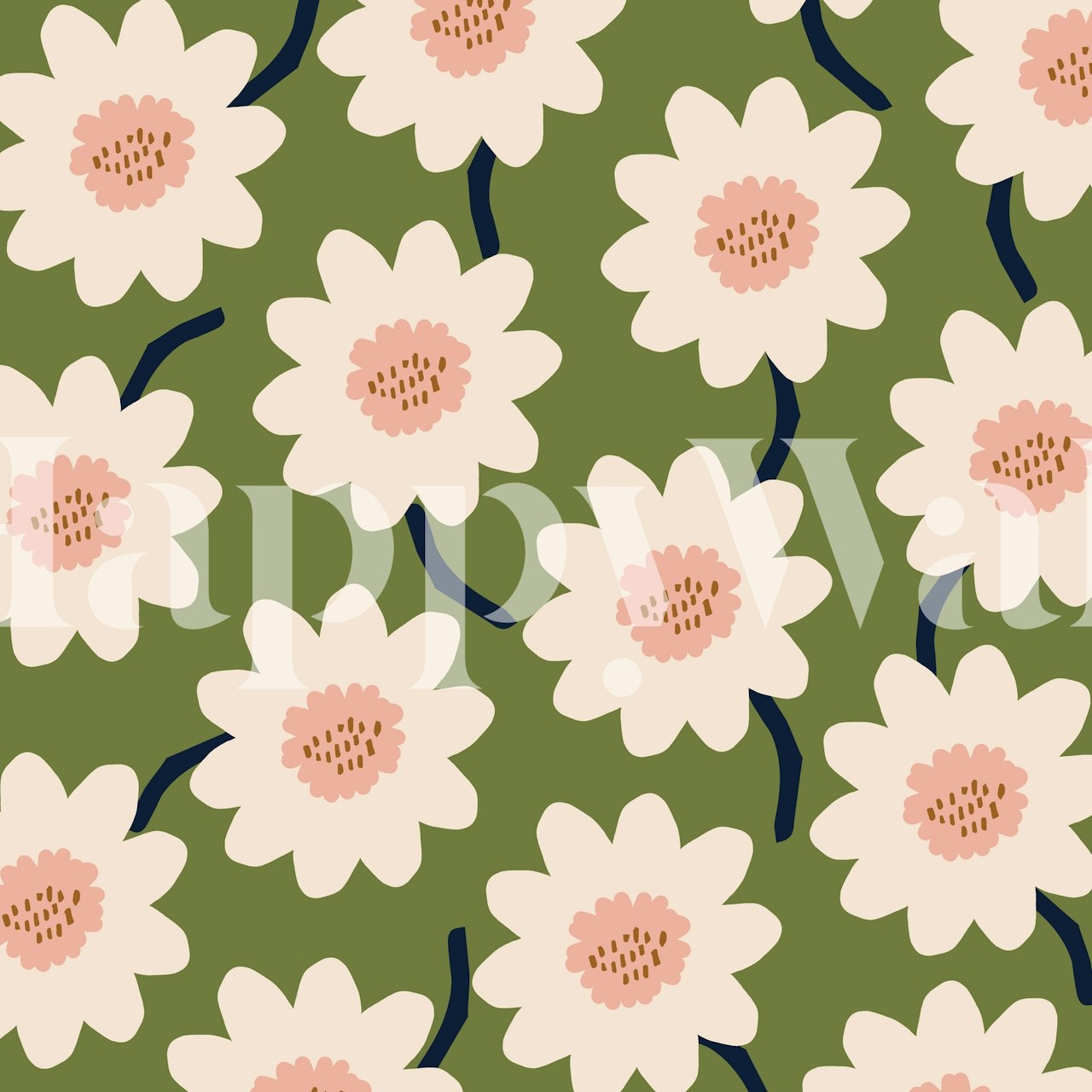 Grön blommig tapet med blommande blommor i pastellfärger