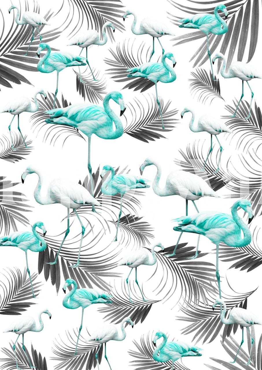 Blågrønne flamingoer og frostklare palmeblade på et vægmaleri med vintertema