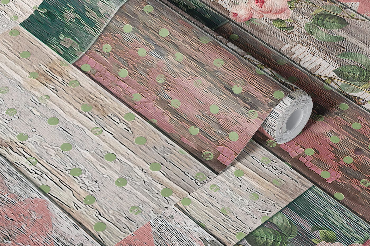 Vintage Wood Tiles Pink Green wallpaper roll