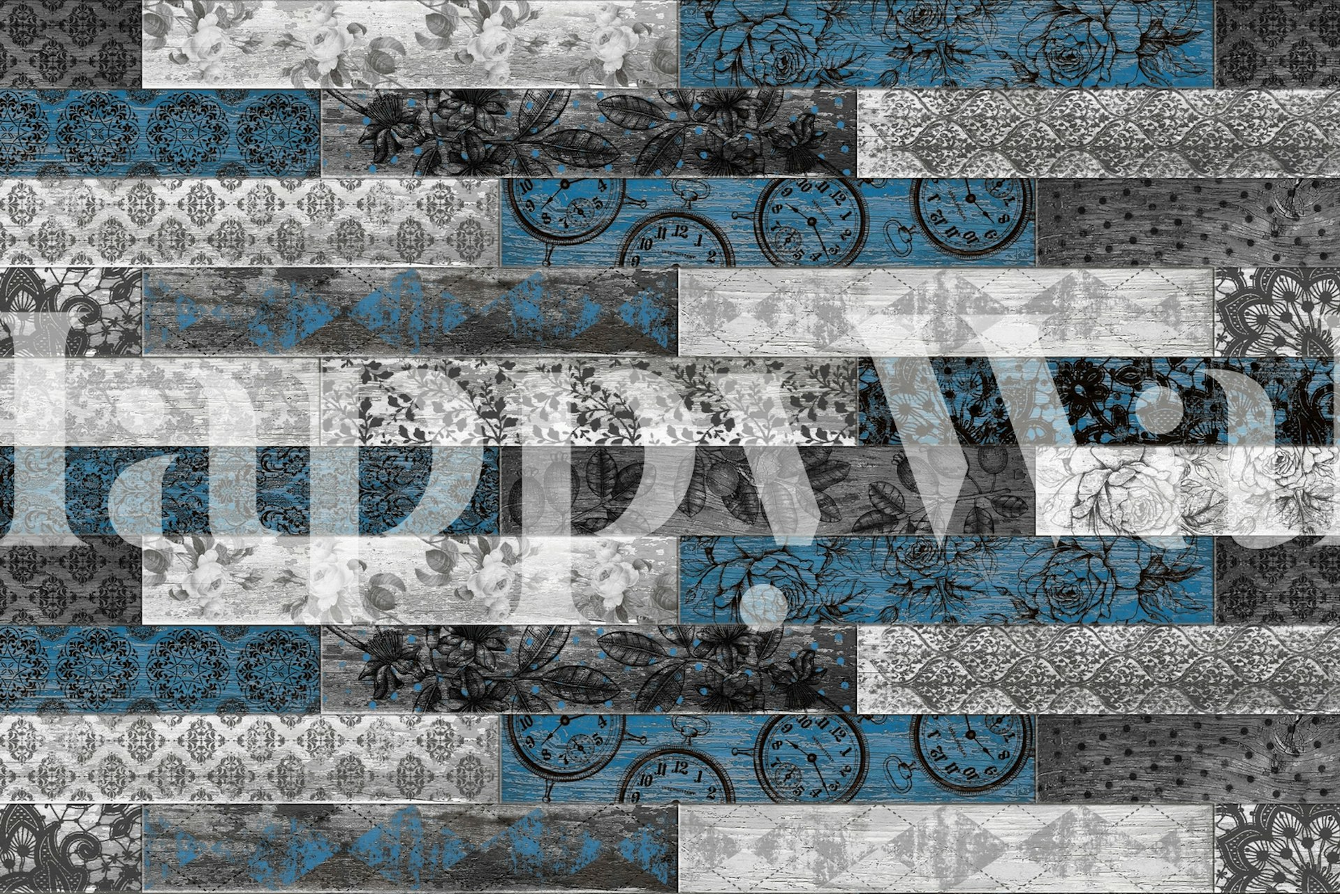 Vintage Wood Tiles Wall Mural in Blue and Grey