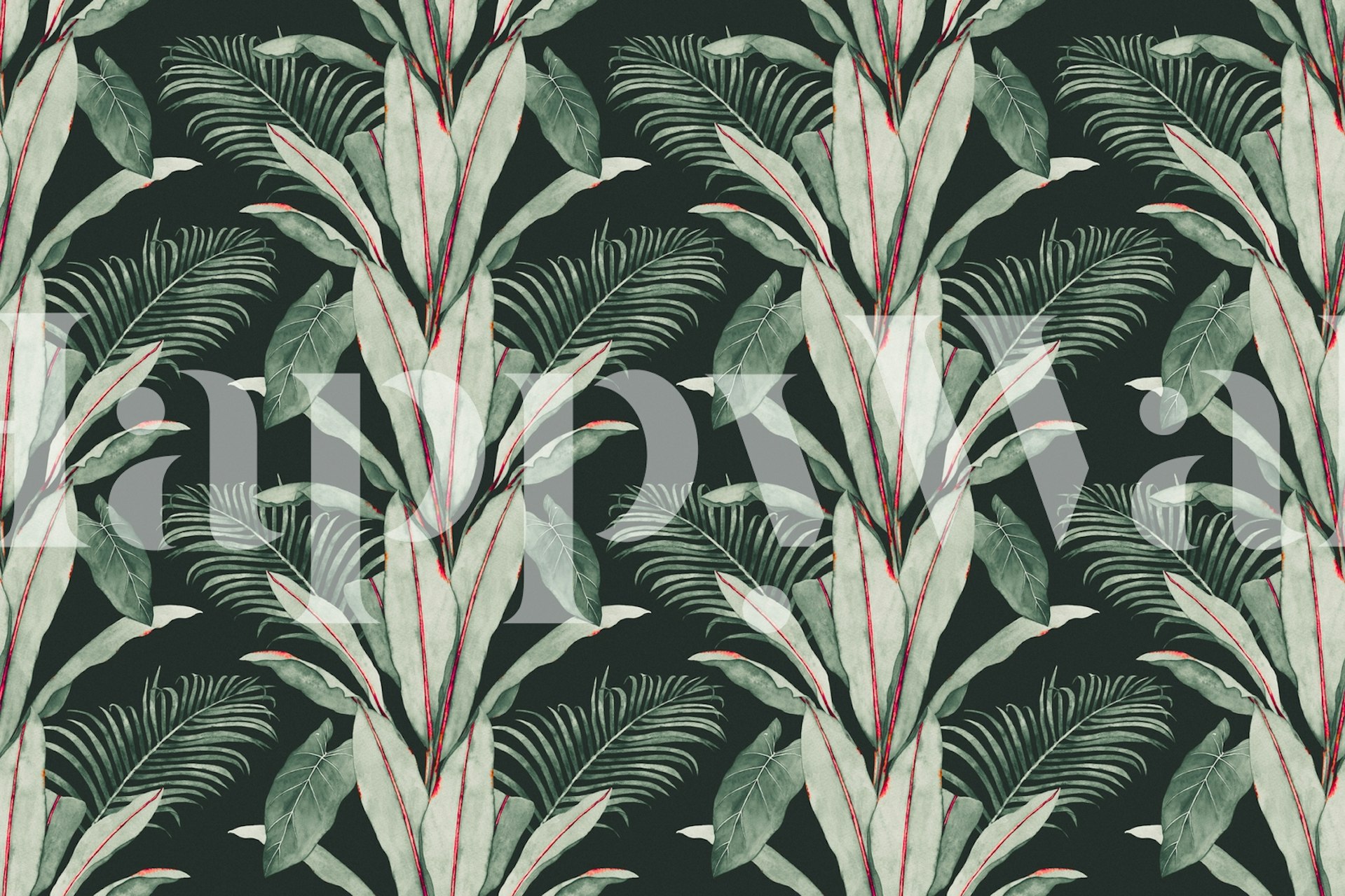 Tropical green leaves and palm patterns on dark wallpaper