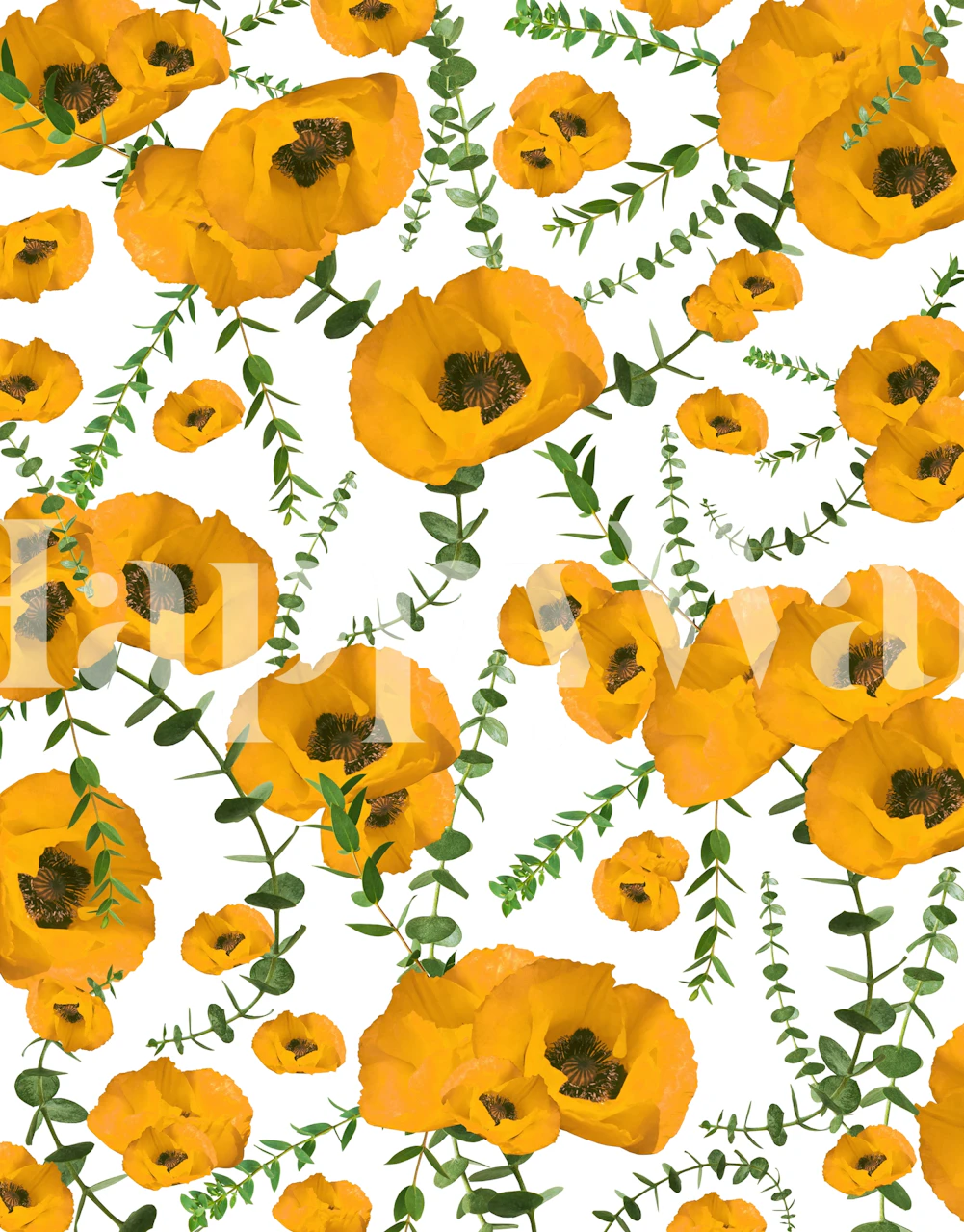 Svijetle i vesele zidne slike s uzorkom žutih makova i zelenog eukaliptusa