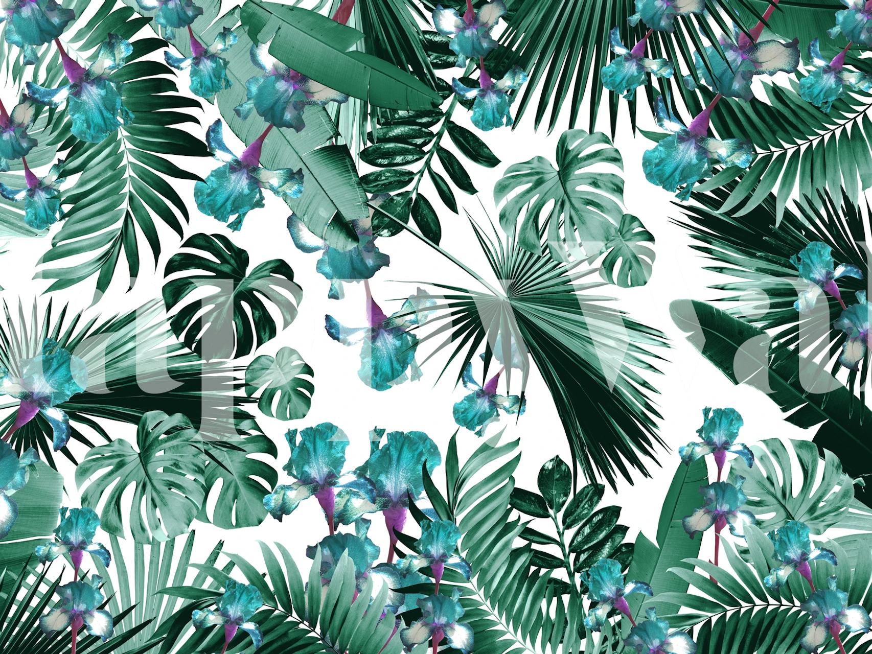 Tropical jungle leaves and flowers wallpaper in a room