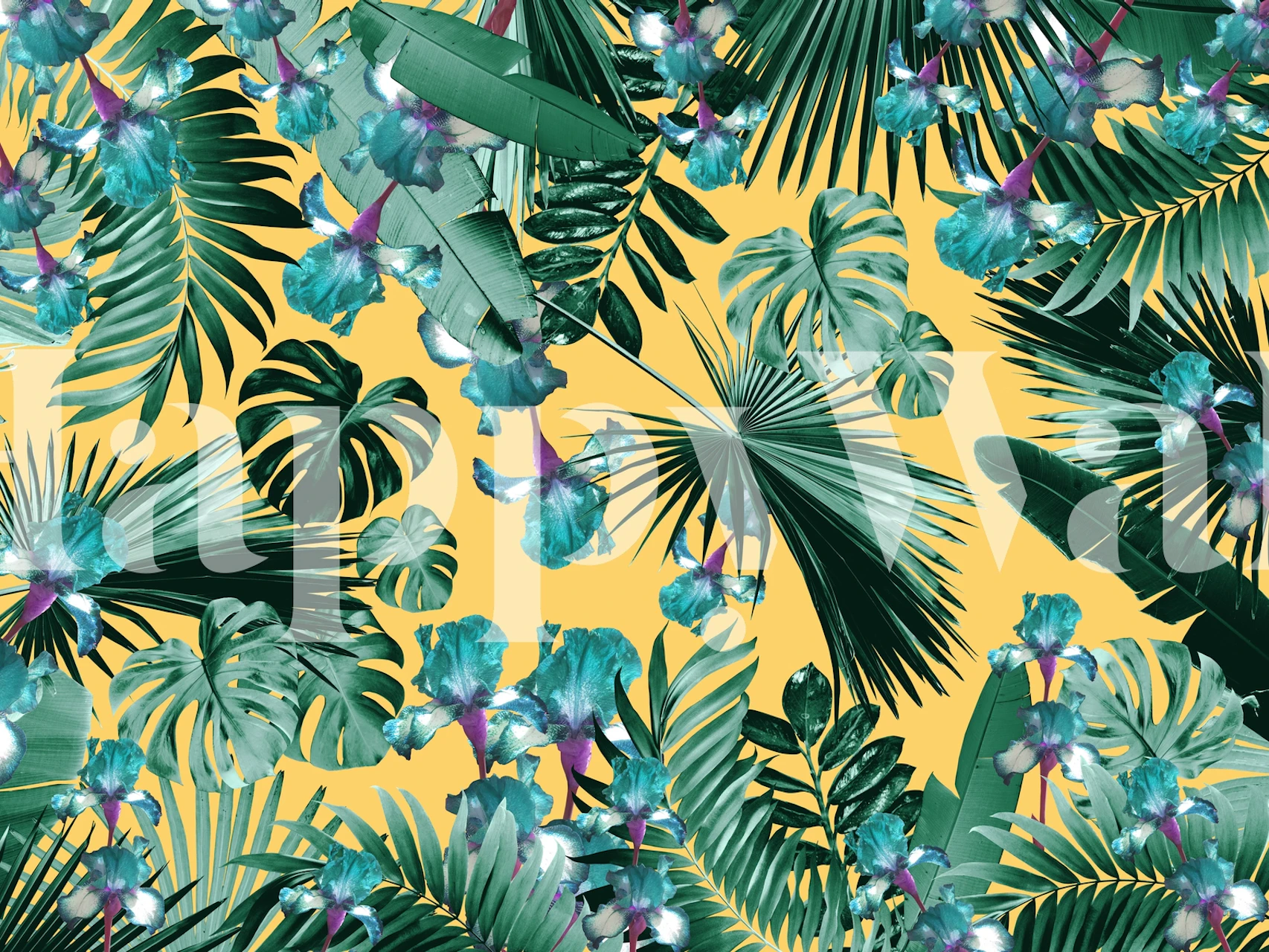 Tropical leaves and colorful flower wallpaper with yellow background