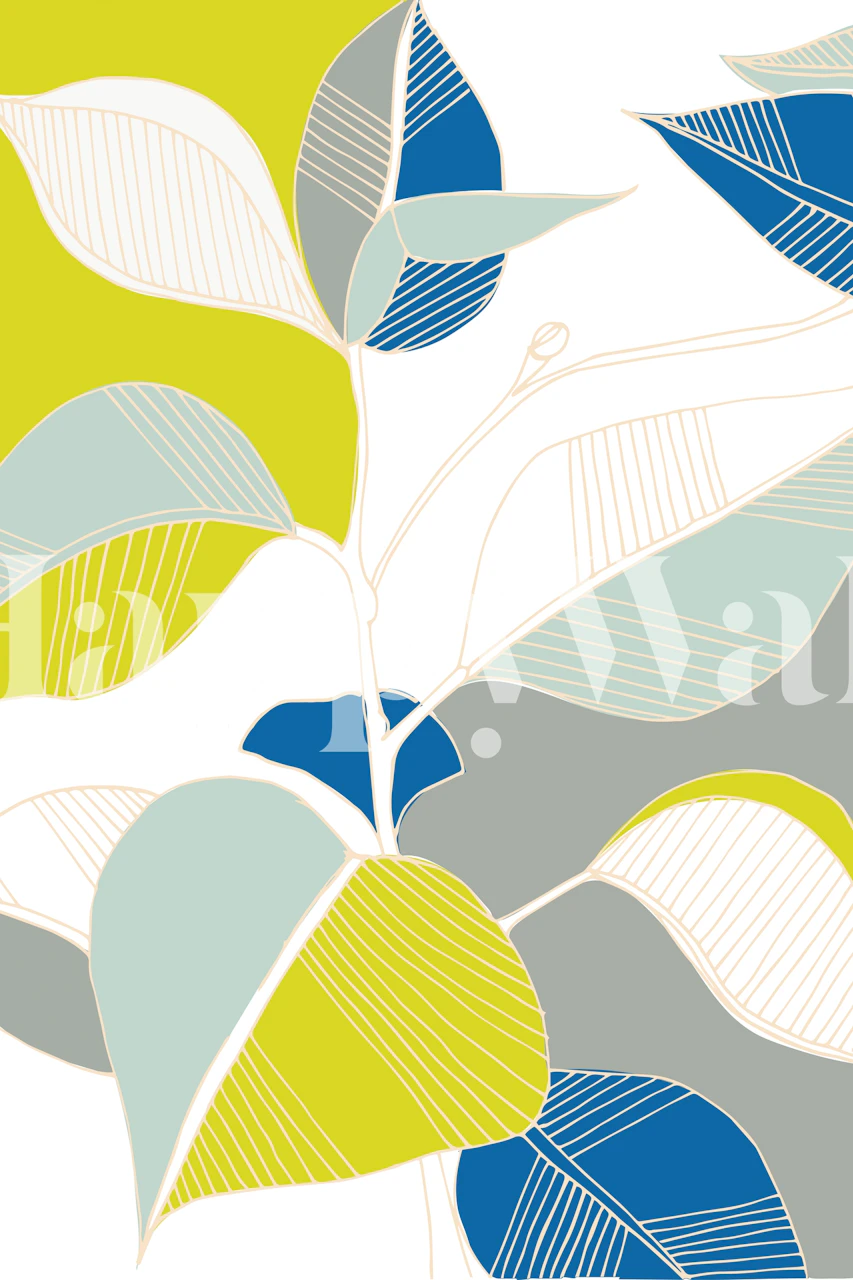 Leafy botanical designs in green, blue, and gray wallpaper