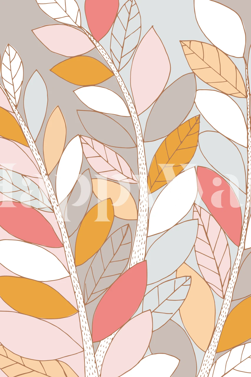 Stylized autumn-hued leaves against a muted background wall mural