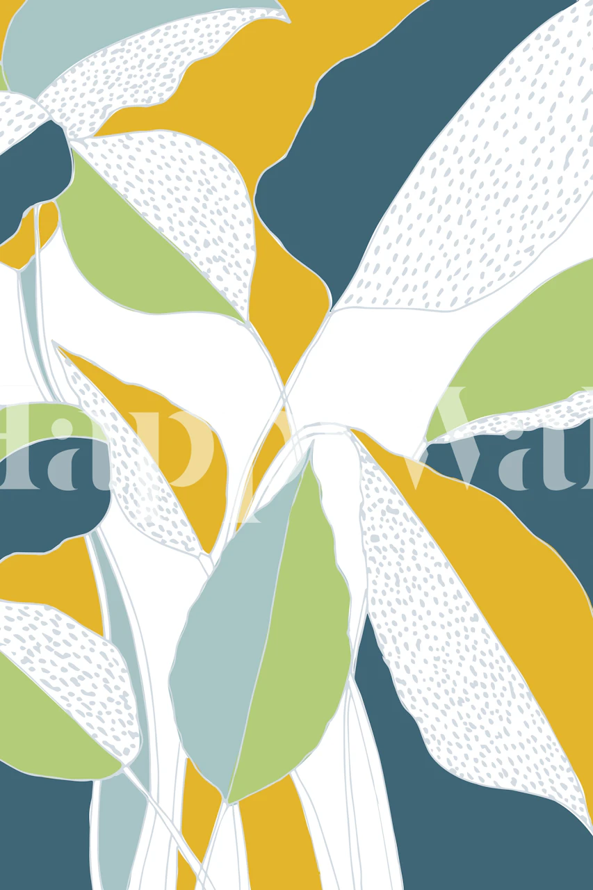Bright ficus botanical leaf design in green, yellow, and teal wallpaper