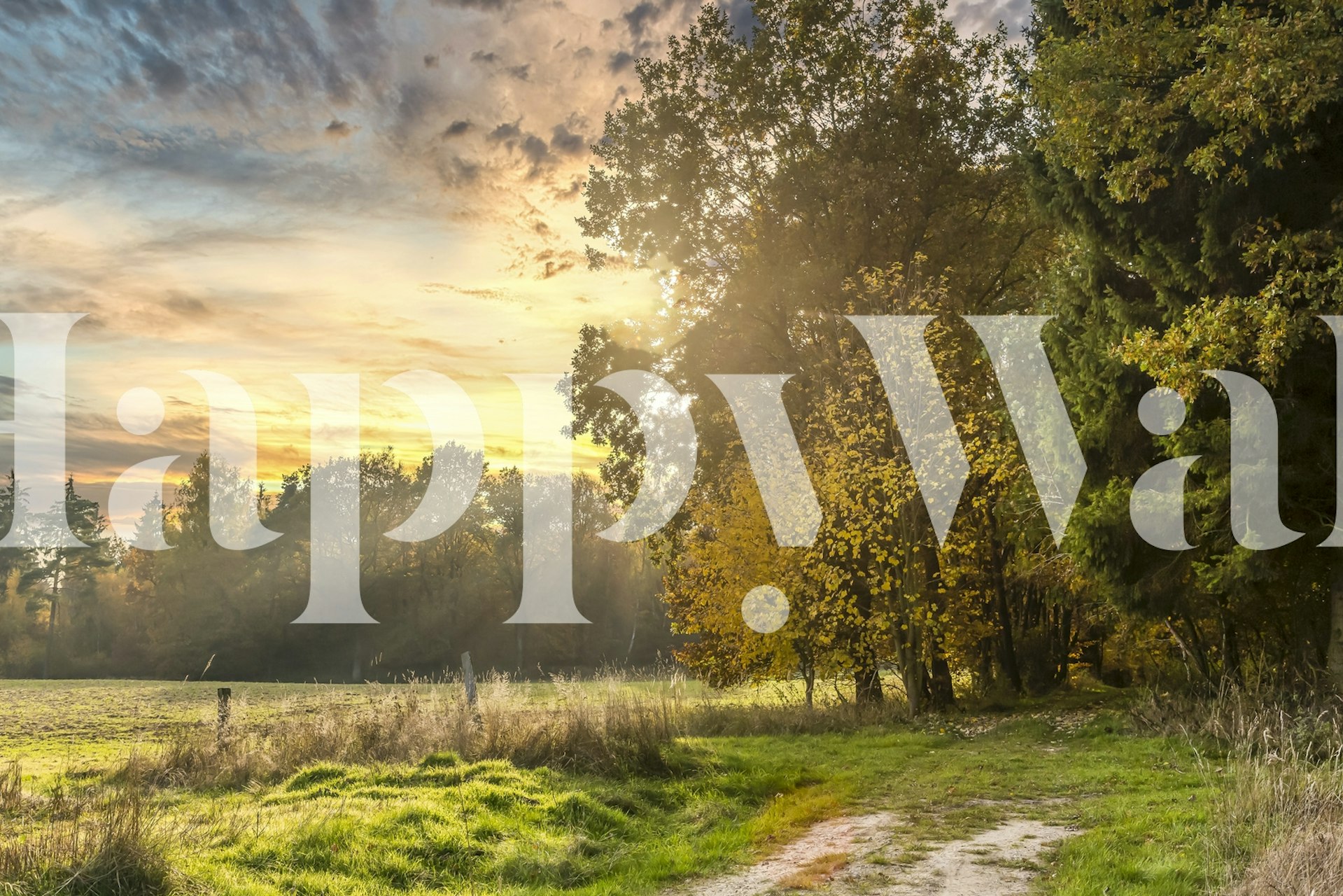 Ειδυλλιακή τοιχογραφία φθινοπωρινού ηλιοβασιλέματος με ζεστές χρυσές αποχρώσεις και ήρεμη θέα στην εξοχή