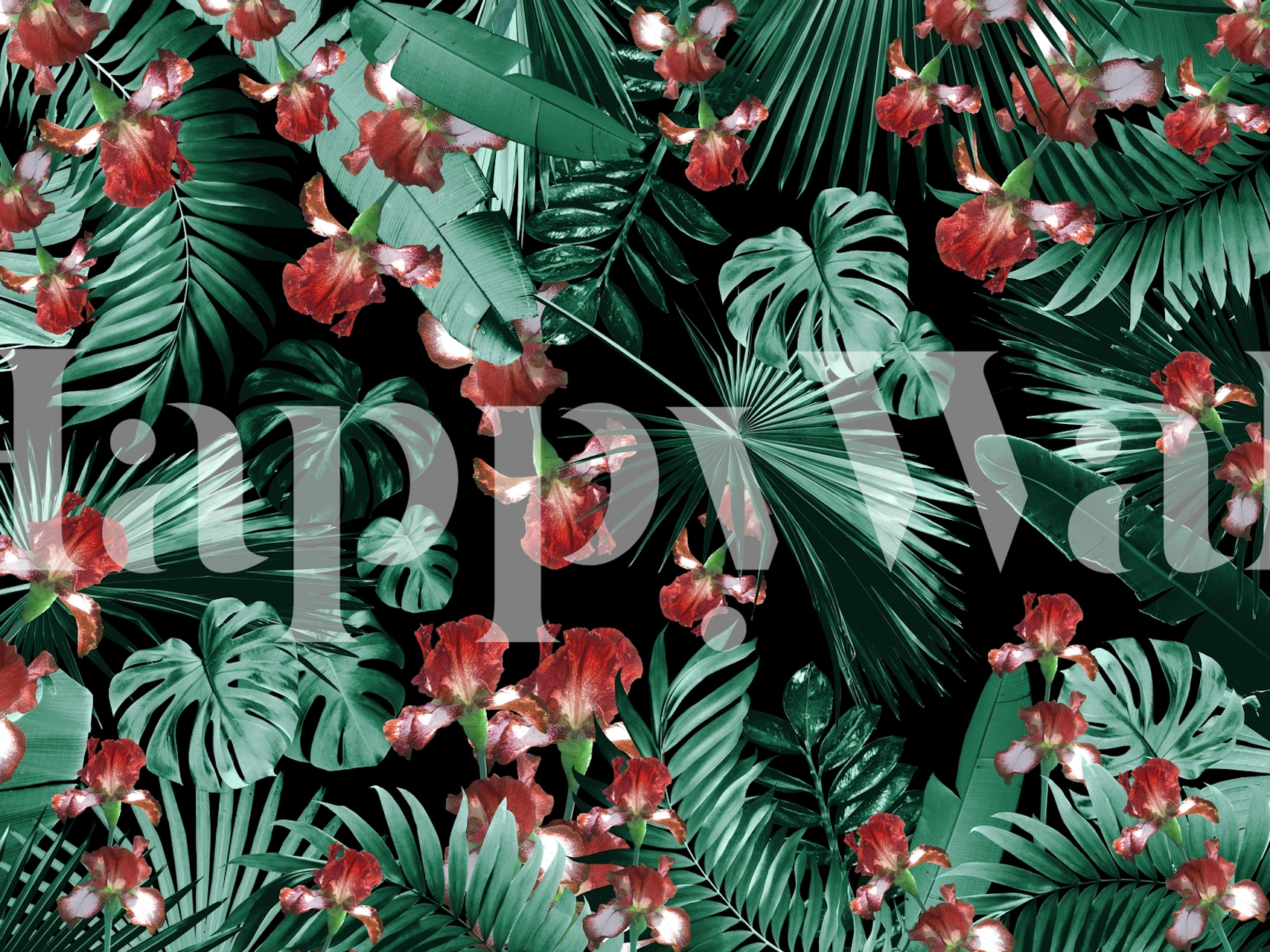Tropical leaves and red flowers pattern wallpaper