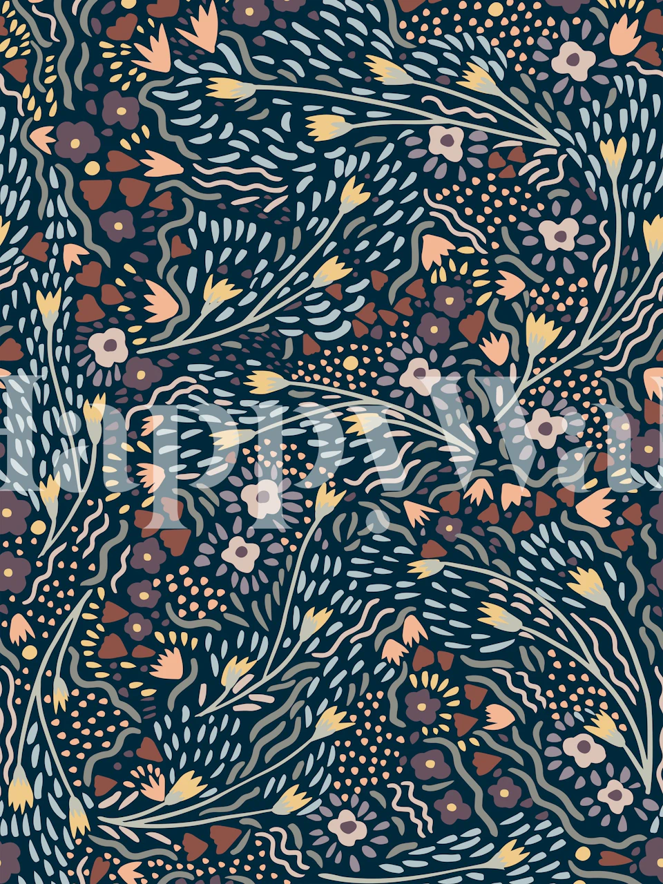 Mural de parede Navy Garden com fundo marinho escuro e padrão botânico floral em amarelo e laranja