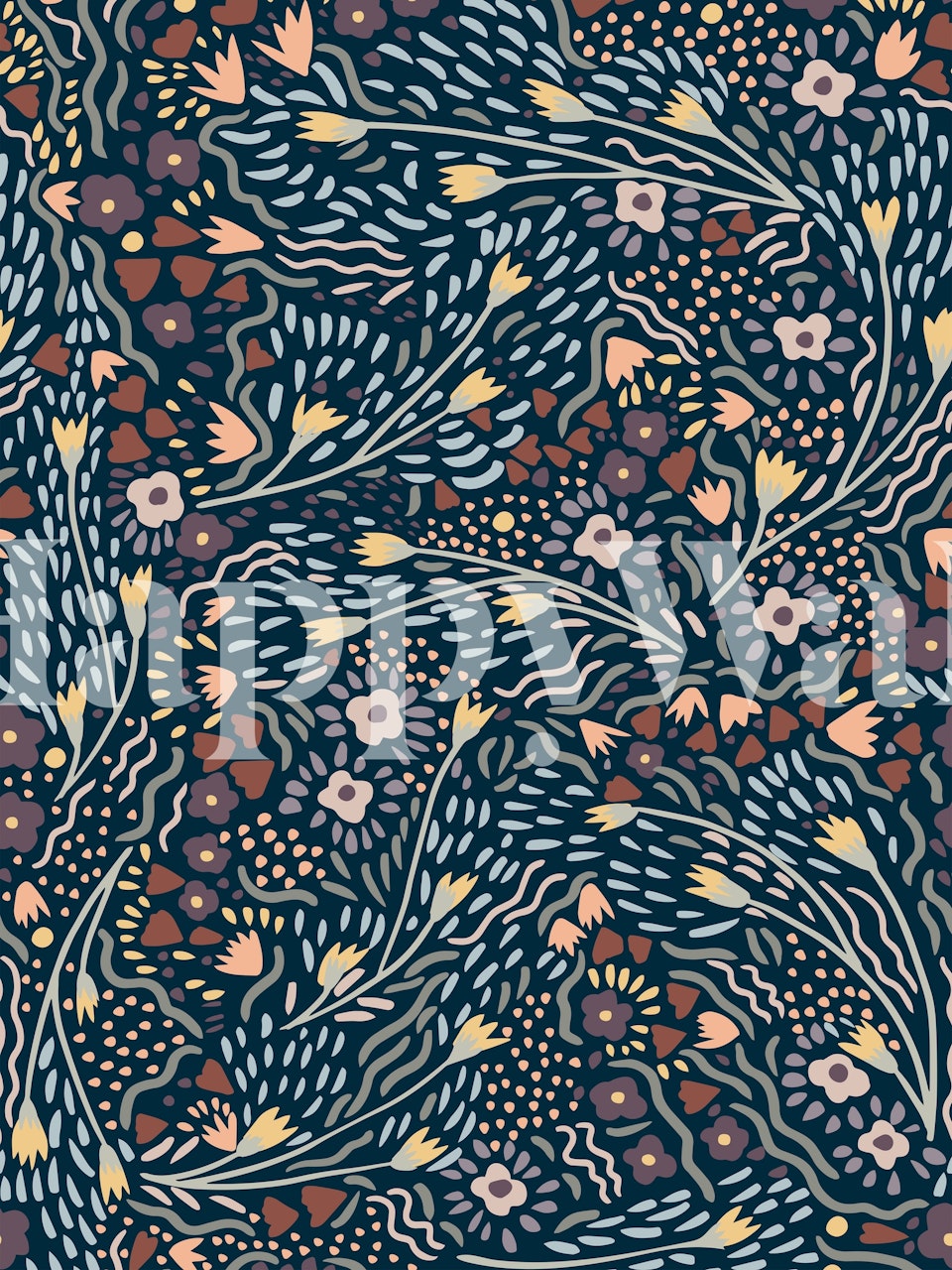 Mural de parede Navy Garden com fundo marinho escuro e padrão botânico floral em amarelo e laranja