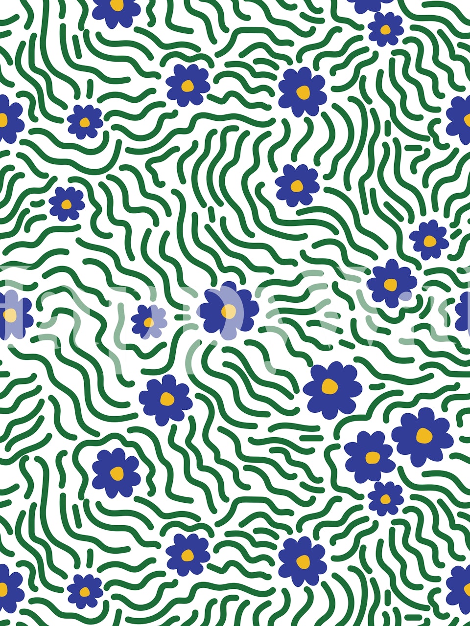 Wavy daisies pattern with blue flowers and green lines wallpaper